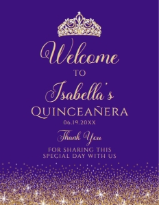 PurpleGoldQuince8x11: Purple and Gold Glitter Welcome Sign, Sweet Sixteen, Printable Party Sign, Instant Download, Quinceanera Sign, Princess Sign, Corjl Template