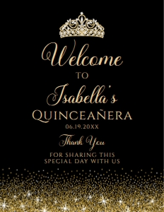 BlackGoldQuince8x11: Black and Gold Glitter Welcome Sign, Quinceanera Sign, Sweet Sixteen Sign, Printable Sign, Instant Download, Princess Sign, Corjl Template