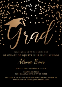 GradGoldFoilInvite5x7: Black and Gold Graduation Party Invitations, Graduation Party, College Graduate, High School Graduate, Announcements, Printable Invitations