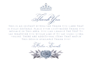Blue and Silver Floral Princess Thank You Cards, Custom Thank You Card, Editable Thank You Card, Printable Thank You Cards, Corjl Template design preview