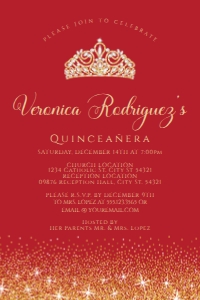 RedGoldQuinceInvite4x6: Red and Gold Glitter Quinceanera Invitation, Glitter Quinceanera Invitation, Red Quinceanera Invitations, Printable Quince Invitation, Corjl