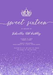 PurpleCrownGlitterSweet5x7: Purple Glitter Sweet Sixteen Party Invitation, Sweet 16 Birthday Invitation, Printable Sweet 16 Invitations, Corjl Template, Editable Invite