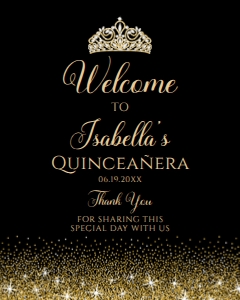 BlackGoldQuince16x20: Black and Gold Glitter Welcome Sign, Quinceanera Sign, Sweet Sixteen Sign, Printable Sign, Instant Download, Princess Sign, Corjl Template