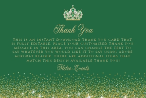 Green and Gold Glitter Thank You Cards, Princess Thank You Notes, Gold Glitter Thank You Card, Custom Thank You Card, Thank You Note, Corjl design preview