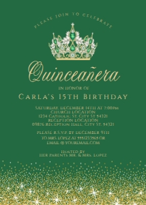 GreenGoldGlitterQuince5x7: Green Quinceanera Invitations, Gold and Green Glitter Quinceanera Invitations, Green Quinceanera Invitations, Printable Quince Invitations