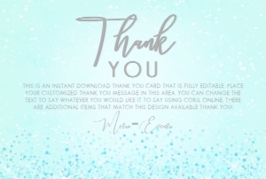 Aqua and Silver Glitter Thank You Card, Blue Thank You Card, Custom Thank you Card, Blue Thank You Note, Editable Card, Corjl Template Card design preview