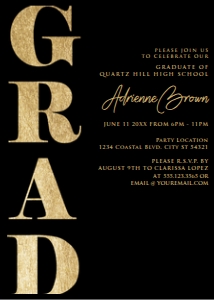 BlackGoldBoldTextGrad5x7: Gold and Black Graduation Party Invitations, Graduation Announcements, College Graduate, High School Graduate, Printable Grad Invitations