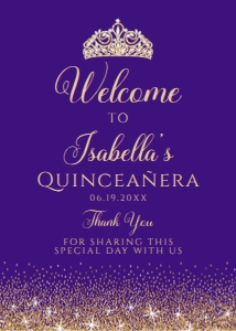 PurpleGoldQuinceSign5x7: Purple and Gold Glitter Welcome Sign, Sweet Sixteen, Printable Party Sign, Instant Download, Quinceanera Sign, Princess Sign, Corjl Template
