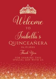 RedGoldQuinceSign5x7: Red and Gold Glitter Welcome Sign, Quinceanera Sign, Sweet 16 Sign, Printable Sign, Instant Download, Red Princess Signs, Corjl Template