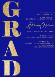 BlueGoldBoldTextGrad5x7: Blue and Gold Graduation Invitations, Graduation Announcements, College Graduate, High School Grad Invite, Corjl Template, Instant Download