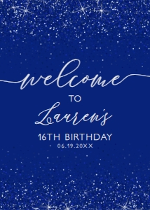 RoyalBlueGlitterWelcome5x7: Blue Glitter Welcome Signs, Princess Sweet Sixteen, Printable Party Sign, Instant Download, Sweet Sixteen Sign, Blue Sign, Corjl Template