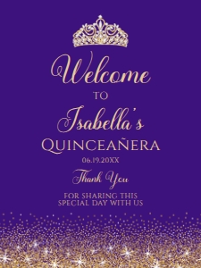 PurpleGoldQuince18x24: Purple and Gold Glitter Welcome Sign, Sweet Sixteen, Printable Party Sign, Instant Download, Quinceanera Sign, Princess Sign, Corjl Template