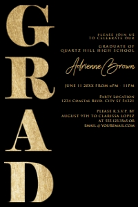 BlackGoldBoldTextGrad4x6: Gold and Black Graduation Party Invitations, Graduation Announcements, College Graduate, High School Graduate, Printable Grad Invitations