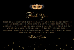 Black and Gold Masquerade Thank You Card, Gold Thank You Card, Printable Thank You Card, Instant Download, Editable Thank You Card, Template design preview