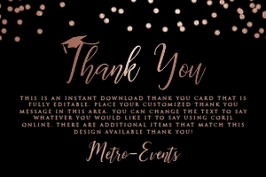 Rose Gold Foil Thank You Card, Gold Thank You Card, Custom Thank you Card, Black and Rose Gold Thank You, Editable Card, Corjl Template Card design preview