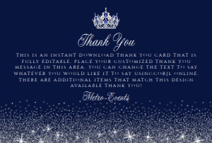 Navy Blue and Silver Glitter Thank You Cards, Princess Thank You Notes, Glitter Thank You Card, Custom Thank You Card, Thank You Note, Corjl design preview