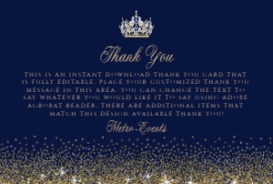 Navy Blue and Gold Glitter Thank You Cards, Princess Thank You Notes, Glitter Thank You Card, Custom Thank You Card, Thank You Note, Corjl design preview