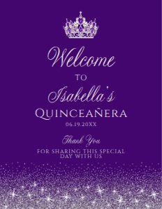 PurpleSilverQuince8x11: Silver and Purple Glitter Welcome Sign, Sweet Sixteen, Printable Sign, Instant Download, Quinceanera Sign, Princess Sign, Corjl Template
