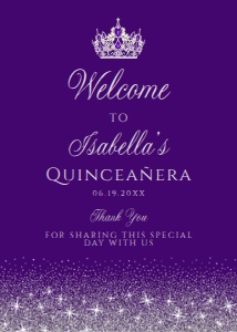 PurpleSilverQuince5x7: Silver and Purple Glitter Welcome Sign, Sweet Sixteen, Printable Sign, Instant Download, Quinceanera Sign, Princess Sign, Corjl Template