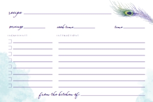 Boho Peacock Feather Recipe Card, Purple Recipe Card, Bridal Shower Cards, Corjl Template, Instant Download, Printable Recipe Card, DIY File design preview