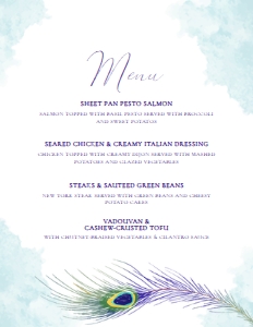 Peacock Food Menu, Purple Feather Menu, Boho Custom Dinner Menu, Editable Dinner Menu, Instant Download, Printable Menu, Corjl Template design preview
