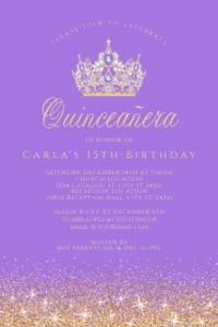 LavenderGoldQuince4x6: Lavender and Gold Glitter Quinceanera Invitations, Quinceañera Invitation, Quinceañera Crown Invitations Printable Quince Invitations, Corjl