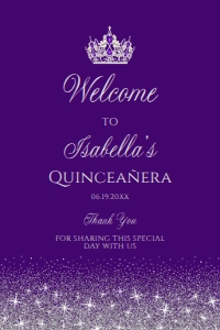 PurpleSIlverQUince24x36: Silver and Purple Glitter Welcome Sign, Sweet Sixteen, Printable Sign, Instant Download, Quinceanera Sign, Princess Sign, Corjl Template