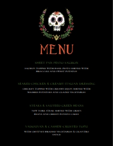 Sugar Skull Food Menu, Halloween Menu, Custom Dinner Menu, Editable Dinner Menu, Instant Download, Day of the Dead Menu, Corjl Template design preview