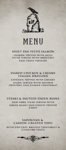 Graveyard Food Menu, Grave Halloween Menu, Custom Dinner Menu, Editable Dinner Menu, Instant Download, Crow Dinner Menu, Corjl Template design preview