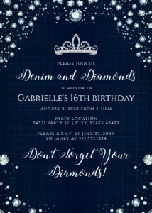 Denim and Diamonds Party Invitations, Printable Invitation, Country Birthday, Denim Birthday Party, Printable Sweet 16 Invitations, Corjl design preview