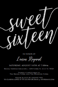 Silver and Black Sweet Sixteen Invitations, Silver Glitter Sweet 16 Invitations, Sweet 16 Invitations, Printable Sweet Sixteen Invitation design preview