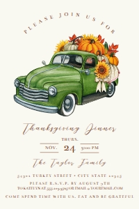 ThanksgivingTruckInvite4x6: Fall Harvest Invitations, Pumpkin Template, Edit with CORJL, Printable Invitation, Dinner Invitation, Thanksgiving Dinner, Old Truck Invite