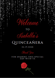 Red Rose Sign, Silver Glitter Welcome Sign, Black and Red Sweet Sixteen, Printable Sign, Instant Download, Quinceanera Sign, Corjl Template design preview