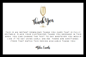 Black and White Champagne Thank You Card, Custom Thank You Card, Instant Download, Corjl Template, Printable, Champagne Party Thank You Card design preview