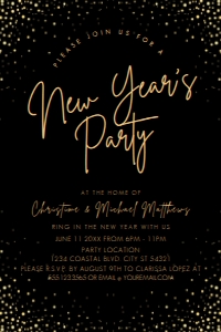 Gold and Black New Years Eve Party Invitations, New Year Party Invitations, Gold and Black Invitations, Gold NYE Party Printable Invitations design preview