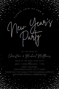 Silver and Black New Years Eve Invitations, New Year Party Invitations, Silver and Black Invitations, Silver NYE Party Printable Invitations design preview