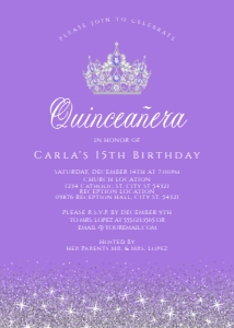LavenderSilverQuince5x7: Lavender and Silver Glitter Quinceanera Invitations, Quince Invitations, Quinceañera Crown Invitations, Printable Quince Invitations, Corjl