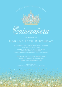 LightBlueGoldGlitterQuince5x7: Blue and Gold Glitter Glam Invitation Set, Printable Sweet 16 Invitation Kit, Light blue Invitation Bundle, Editable Corjl Template Invite