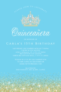 LightBlueGoldGlitterQuince4x6: Blue and Gold Glitter Glam Invitation Set, Printable Sweet 16 Invitation Kit, Light blue Invitation Bundle, Editable Corjl Template Invite