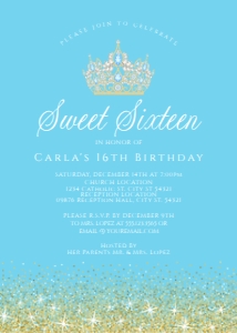 LightBlueGoldGlitterSweet165x7: Blue and Gold Glitter Glam Invitation Set, Printable Sweet 16 Invitation Kit, Light blue Invitation Bundle, Editable Corjl Template Invite