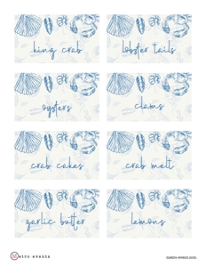 CoastalBlueFoodLabels: Seafood Party Sign, Food Label, Beach Themed Food Sign, Pool Party Food Sign, Corjl Template, Instant Download, Lobster Boil Signs, DIY sign