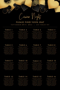 CasinoNightGoldSeating24x36: Casino Night Custom Seating Chart, Printable Seating Chart Sign, Wedding Seating Chart Poster, Editable Seating Chart, Event Seating Charts