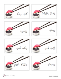 SushiFoodLabels: DIY Template Sushi Theme Party Invitations Printable Bundle Customizable Sushi Theme Party Unique Dinner Party Invite Edit online with Corjl