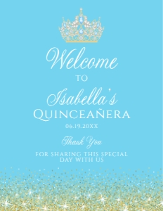 LightBlueGoldGlitterWelcome8x11: Blue and Gold Glitter Glam Invitation Set, Printable Sweet 16 Invitation Kit, Light blue Invitation Bundle, Editable Corjl Template Invite
