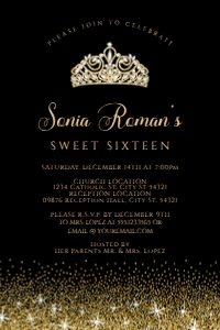 BlackGoldSweet16Invte4x6: Gold Glitter Sweet Sixteen Invitations, Glam Sweet 16 Party Invitations, Black and Gold Invitations, Printable Princess Sweet 16 Invitations