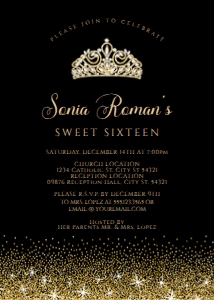 BlackGoldSweet16Invte5x7: Gold Glitter Sweet Sixteen Invitations, Glam Sweet 16 Party Invitations, Black and Gold Invitations, Printable Princess Sweet 16 Invitations