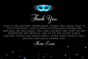 Black and Blue Masquerade Thank You Card, Blue Thank You Card, Printable Thank You Card, Instant Download, Editable Thank You Card, Template design preview