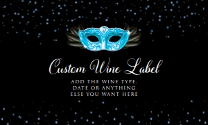 Masquerade themed DIY printable wine label Featuring blue and black colors, perfect for any party or special event Editable Corjl Template design preview