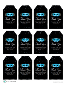 Add a touch of mystery to your event with these blue and black Masquerade themed DIY favor tags. Print-at-home Editable Corjl Template design preview