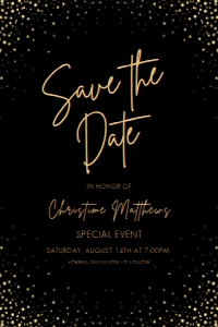 GoldBlackDotsSavetheDate4x6: Editable Save the Date Cards, Gold Glam Save the Date, Golden Themed Event Template, Wedding Save the Date, Save the Date, Corjl Template